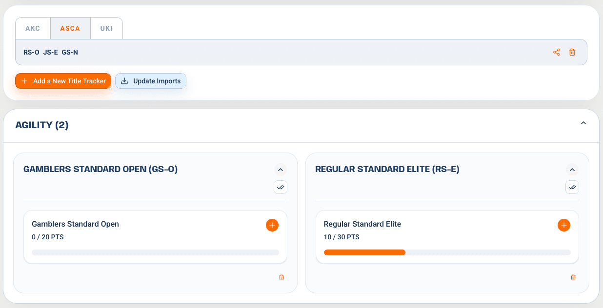 ASCA agility title tracker app showing selected ASCA agility titles and progress