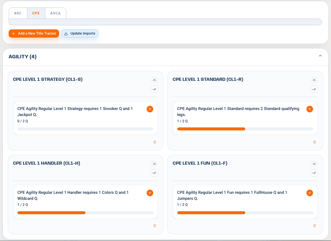 CPE agility title tracker app showing CPE agility titles and progress