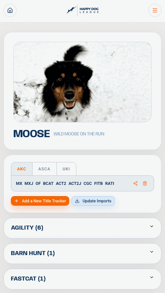 Dog title tracker screenshot showing one dog profile with sports, organizations, earned titles, and update buttons