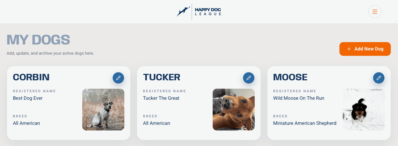 Dog title tracker screenshot showing multiple dog profiles in one account