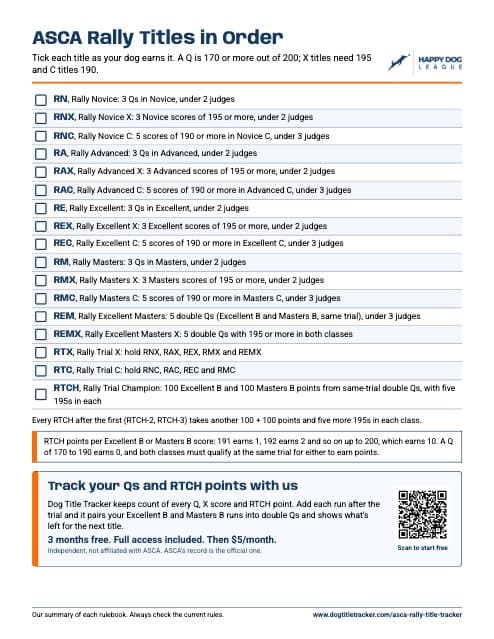 Printable checklist of ASCA rally titles in order, RN to RTCH, with a tick box for each