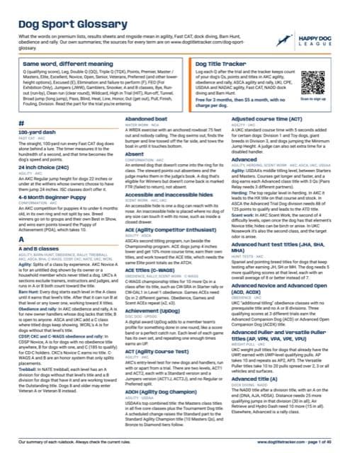 First page of the Dog Sport Glossary PDF