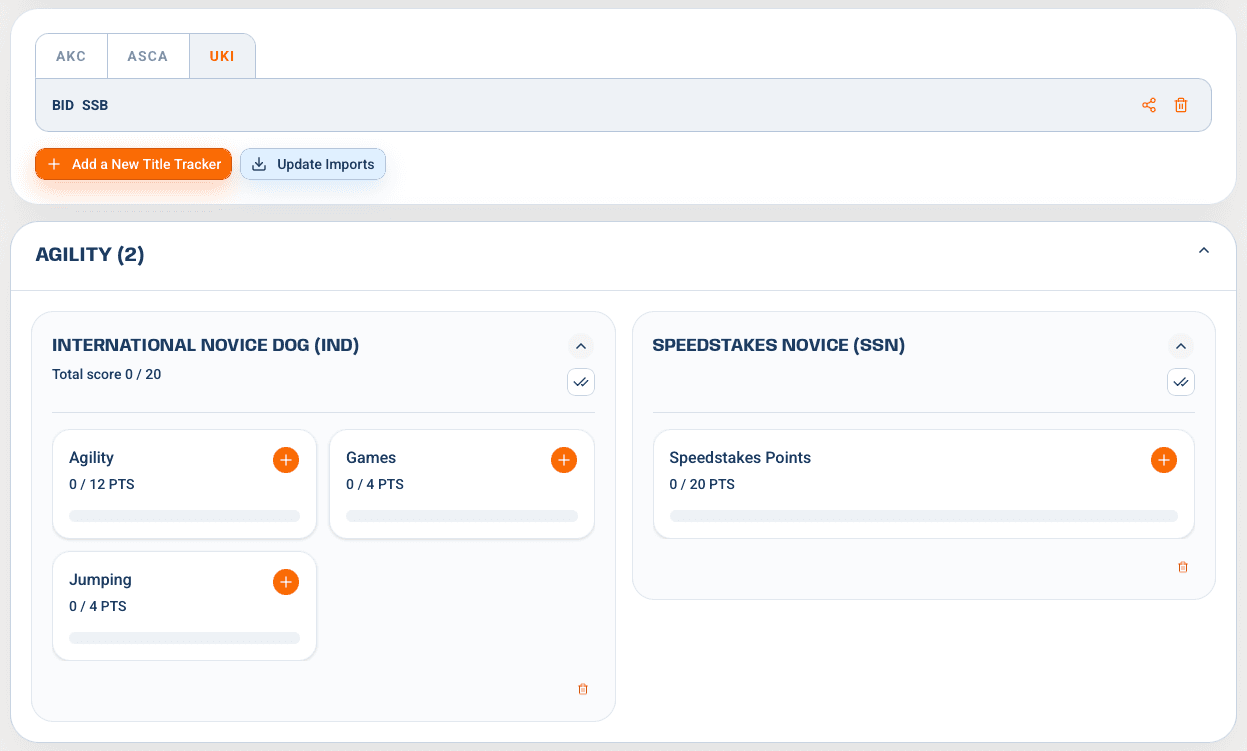 UKI agility title tracker app showing International and Speedstakes progress