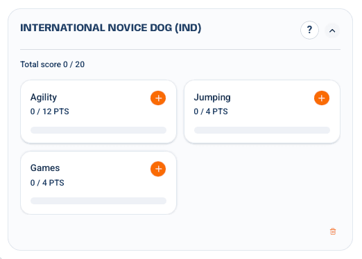 International Novice Dog tracker in Dog Title Tracker showing a total of 0 of 20 points, with Agility 0 of 12, Jumping 0 of 4, and Games 0 of 4