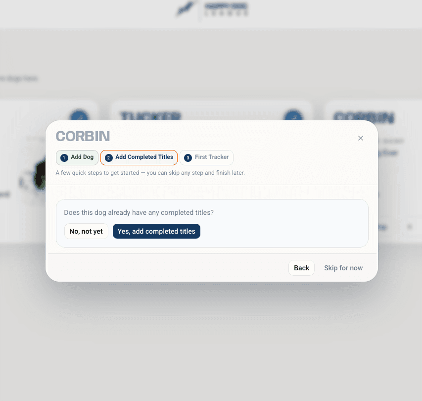Add completed titles step asking whether the dog already has titles