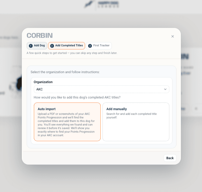 Add completed titles step showing AKC auto import and manual title entry options