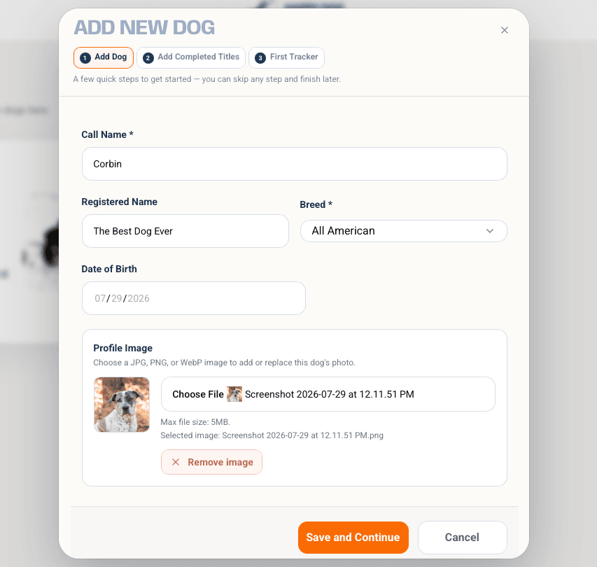 Add dog form with a profile image selected for Corbin