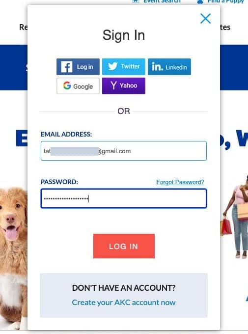 AKC Sign In box with the email address and password filled in above a red Log In button