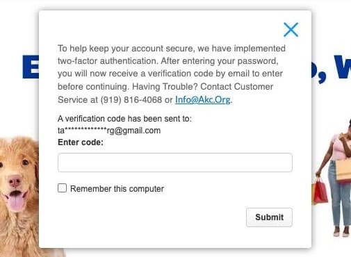 AKC screen saying a verification code was sent by email, with an Enter code box and a Remember this computer checkbox