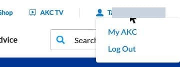 Menu under the account name at the top of akc.org, showing the My AKC and Log Out links