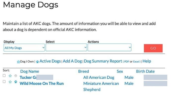 AKC Manage Dogs page listing two dogs by name, breed, and sex, including Wild Moose On The Run