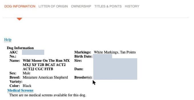 AKC dog record with the Dog Information tab open and the Titles & Points tab fourth in the row of tabs