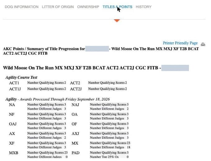 AKC Titles & Points tab with the Printer Friendly Page link and a dog's agility titles, qualifying scores, and judges