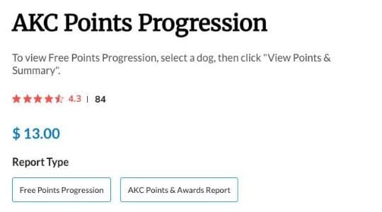 AKC Points Progression page in the AKC Shop showing $13.00 above the Free Points Progression and AKC Points & Awards Report buttons