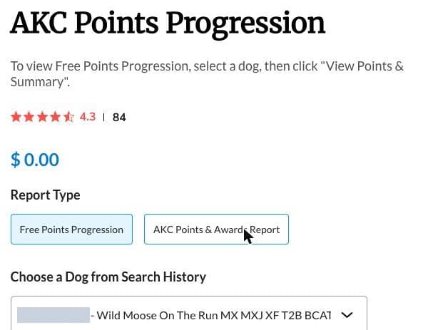 AKC Shop page with Free Points Progression selected, the price at $0.00, and the Choose a Dog from Search History menu