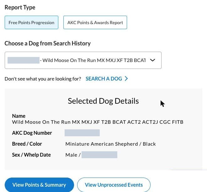 Selected Dog Details in the AKC Shop with the View Points & Summary and View Unprocessed Events buttons underneath