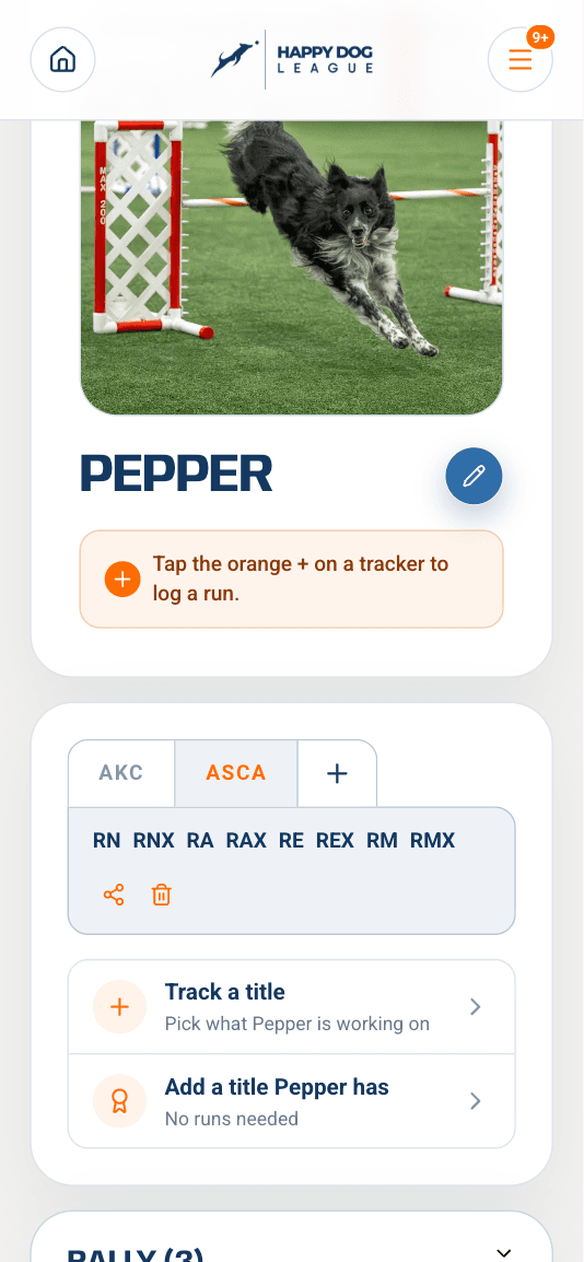Example dog profile listing earned ASCA titles RN, RNX, RA, RAX, RE, REX, RM and RMX