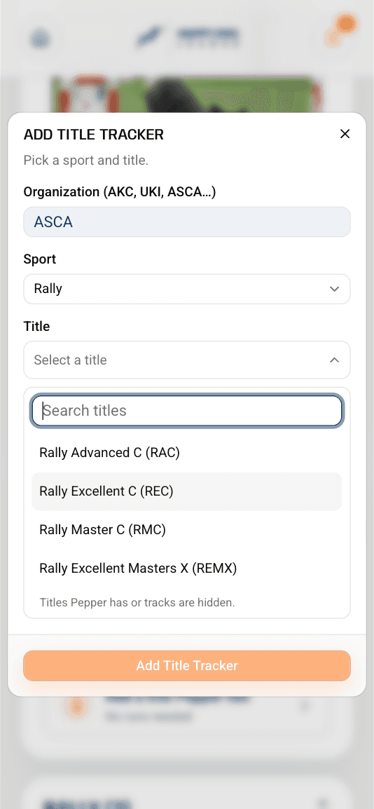 Add Title Tracker form listing the ASCA rally titles the example dog doesn’t have yet