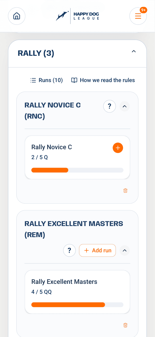 Rally Novice C tracker for an example dog at 2 of 5 Qs, above its REM tracker at 4 of 5 double Qs
