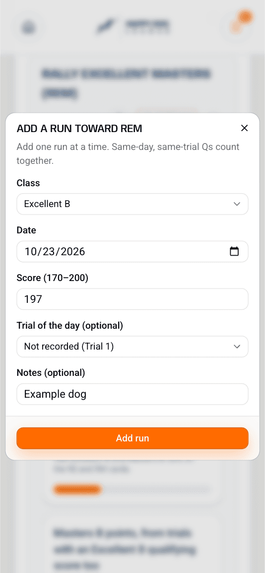 Add a run toward REM form with class Excellent B, the date and a score of 197