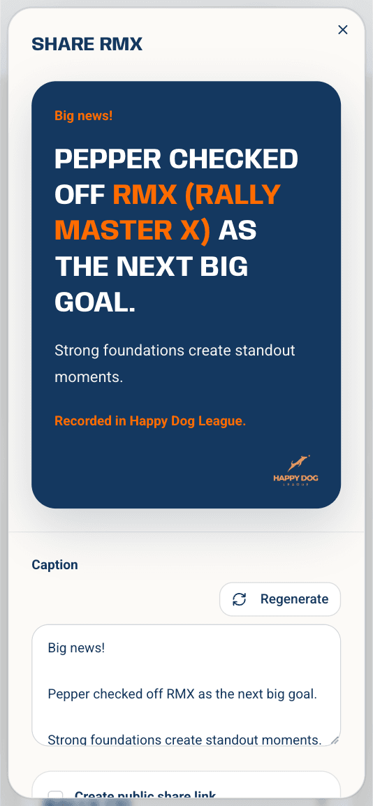 Share card for the example dog’s RMX (Rally Master X) title