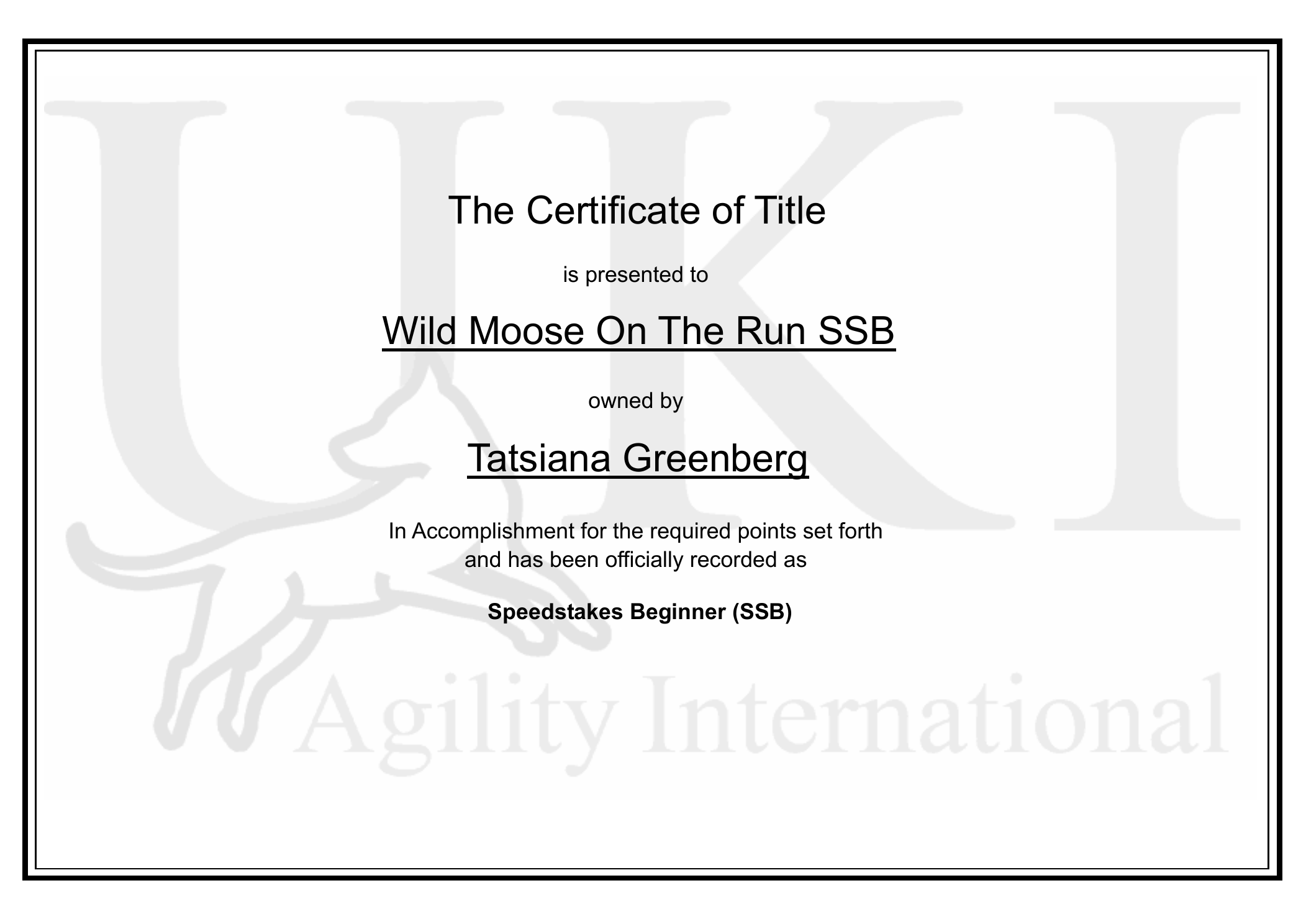 UKI Speedstakes Beginner title certificate for Wild Moose On The Run SSB